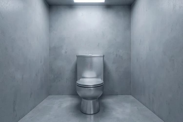 Um banheiro de cela de prisão com grades na janela e uma porta de metal