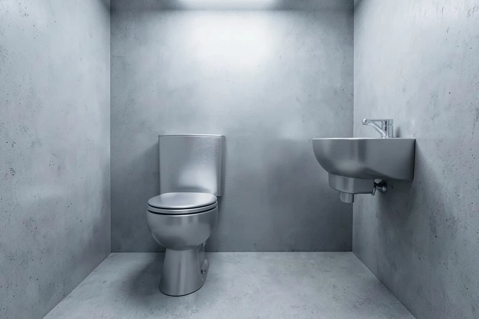 Um banheiro de cela de prisão com grades na janela e uma porta de metal