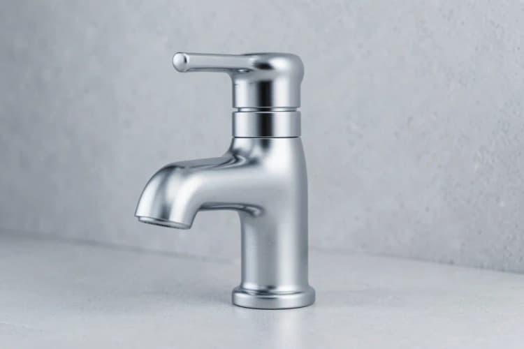 Detalhe de uma torneira antivandalismo com acabamento cromado e corpo reforçado, mostrando a robustez do material.
