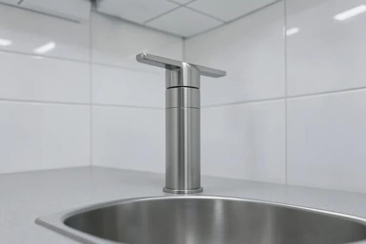 Instalação de torneira antivandalismo em um banheiro público de alto tráfego, evidenciando a segurança.