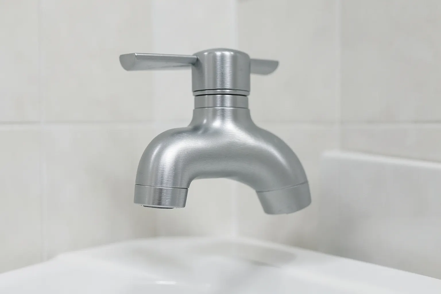 Close-up de uma torneira de metal escovado com design robusto e parafusos aparentes, instalada em uma pia de banheiro público.