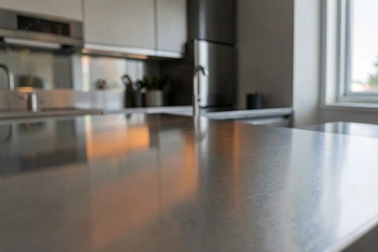 Superfície de aço inox polido refletindo um ambiente de cozinha.