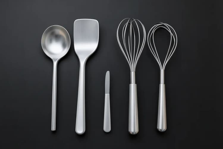 Conjunto de utensílios de cozinha feitos de aço inox brilhante.