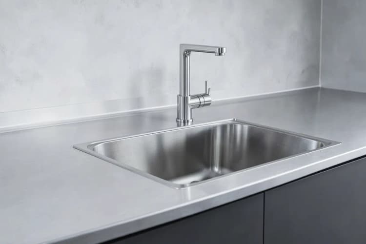 Bancada de cozinha com pia e torneira em aço inox.